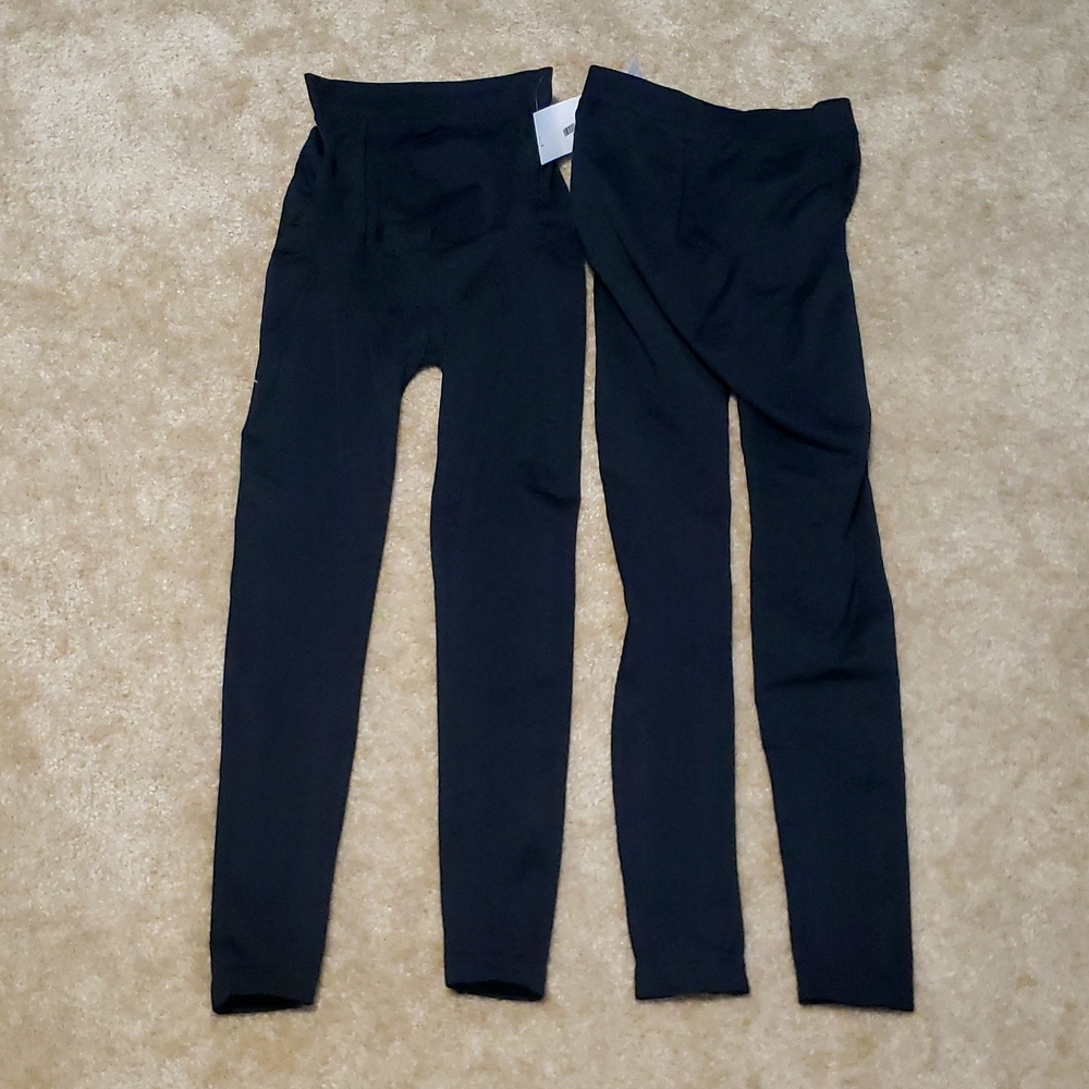 Two pairs of black Over the Belly, Maternity leggings